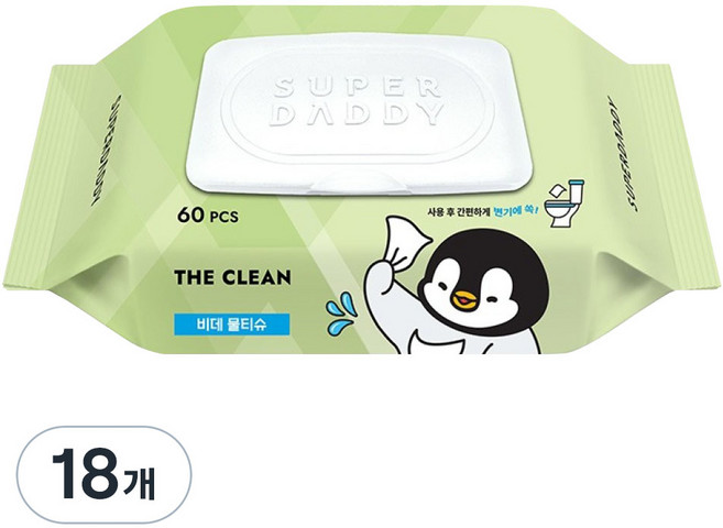 슈퍼대디 더클린 미스터펭 비데티슈 캡형, 60g, 60매, 18개