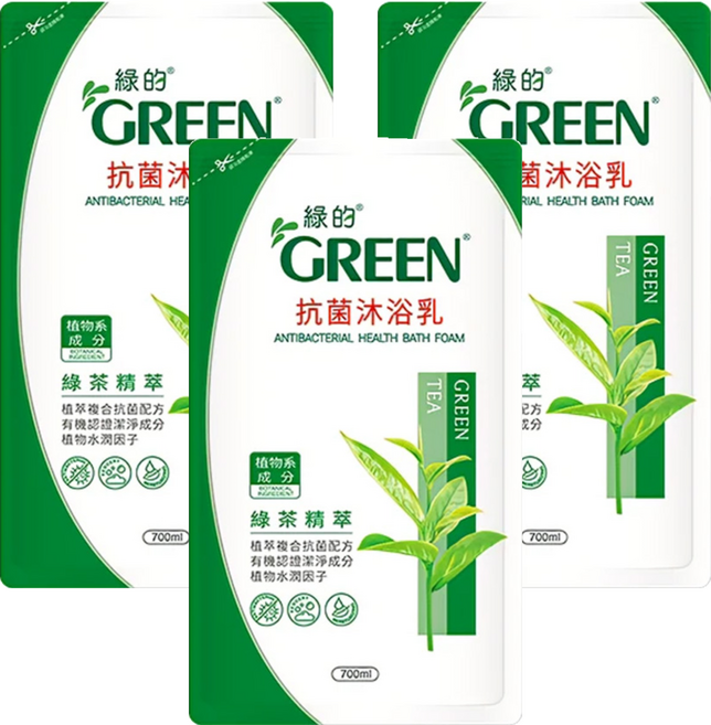 GREEN 綠的 抗菌沐浴乳補充包 綠茶精萃 雙重水潤因子 植物萃取, 700ml, 3包