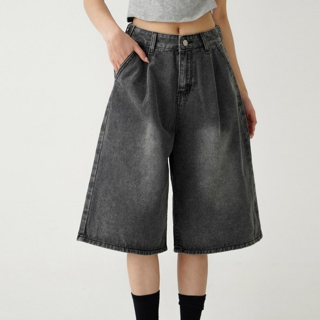 코튼클로젯 여성용 숏/롱 기장 루즈핏 비조 핀턱 와이드 워싱 데님 버뮤다 청 반바지