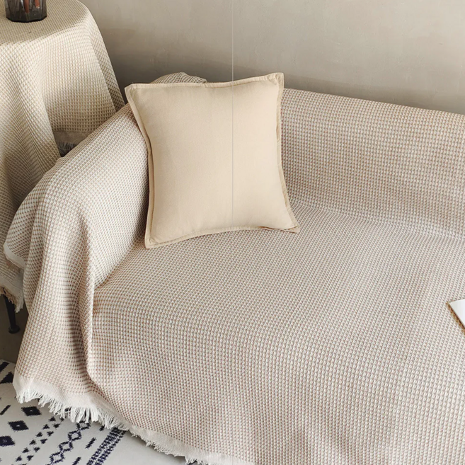 法式編織沙發布, 奶茶鬆餅格 奶茶色, 1件
