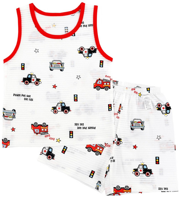 메이키즈 남아용 레드 소방차 민소매 변화지 실내복 상하의 세트