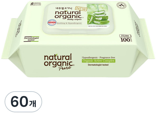 네츄럴오가닉 퓨어 플레인 아기물티슈 캡형, 45g, 100매, 60개