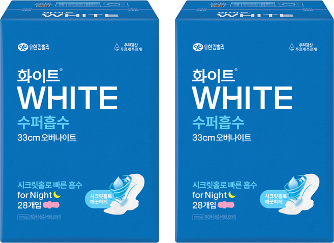 화이트 수퍼흡수 33cm 날개형, 오버나이트, 28개입, 2개