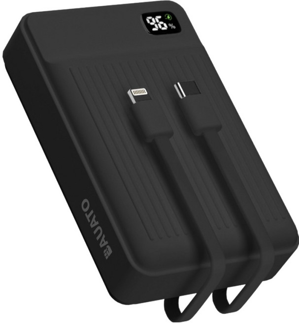 바우아토 포켓쉴 고속 입출력 케이블 일체형 미니 대용량 난연 보조배터리 20000mAh C타입 애플8핀 PD 22.5W, 블랙