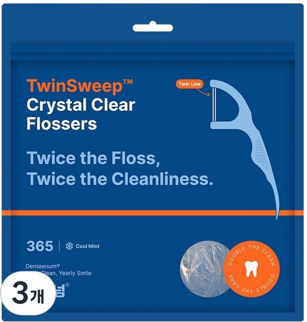 덴티넘 트윈스윕 트윈라인 두줄치실, 3개, 365개입, 80mm