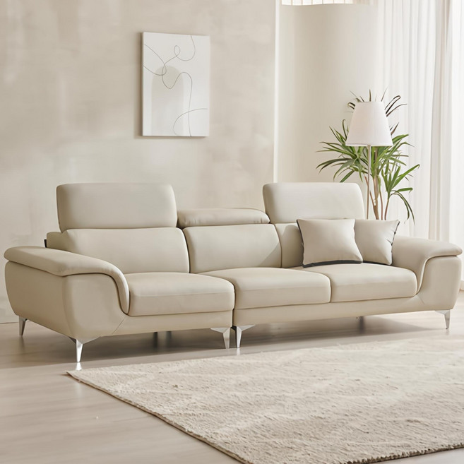 우아미 레브 무빙헤드레스트 4인용 가죽 소파 + 쿠션2P 방문설치, 라이트그레이