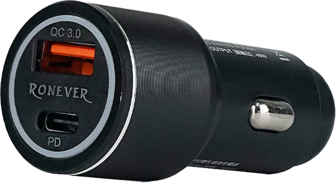 RONEVER PD雙孔車用充電器 48W 65 x 27 x 27mm 31g, PE022, 黑色
