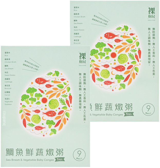 裸廚房寶寶粥：多口味常溫即食粥品 適合各階段寶寶 營養美味副食品調理包, 鯛魚鮮蔬, 800g, 2盒