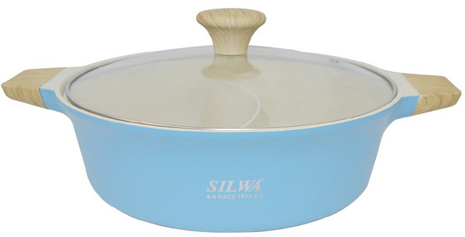 SILWA 西華麥岩鑄造鴛鴦火鍋 28cm 不沾鍋 S型隔板 一體成形 適用各式爐具, 藍色, 1個