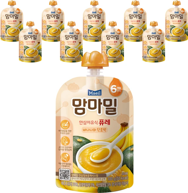 맘마밀 안심 이유식 퓨레 6개월부터, 100g, 10개, 바나나와 단호박 - 쿠팡