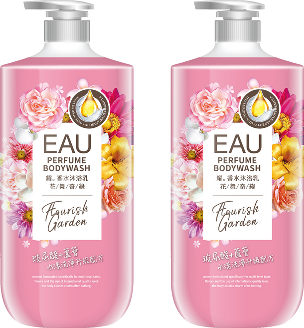 EAU 淨耀香水沐浴乳 花舞奇緣 含ECOCERT歐盟有機認證PCA天然保濕因子 添加玻尿酸與庫拉索蘆薈萃取精華, 1L, 2瓶