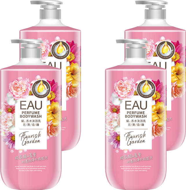 EAU 淨耀香水沐浴乳 花舞奇緣 含ECOCERT歐盟有機認證PCA天然保濕因子 添加玻尿酸與庫拉索蘆薈萃取精華, 1L, 4瓶