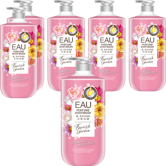 EAU 淨耀香水沐浴乳 花舞奇緣 含ECOCERT歐盟有機認證PCA天然保濕因子 添加玻尿酸與庫拉索蘆薈萃取精華, 1L, 6瓶