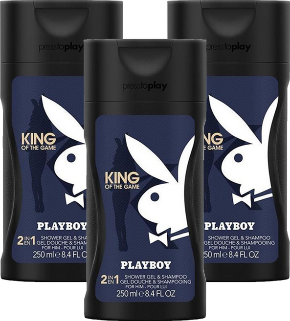 PLAYBOY 國王皇后 King Of The Game 經典男性保濕香水2合1洗髮沐浴膠 - 清新木質香調 全能洗淨, 250ml, 3瓶