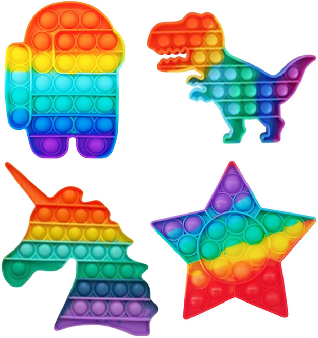 루아르모 푸쉬팝 팝잇 레인보우 버블 뽁뽁이 장난감 피젯토이 보드게임 촉감발달 완구 4p, 어몽어스 + 공룡 + 유니콘 + 별, 1세트