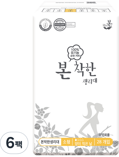 유기농본 착한 생리대 날개형, 소형, 28개입, 6세트