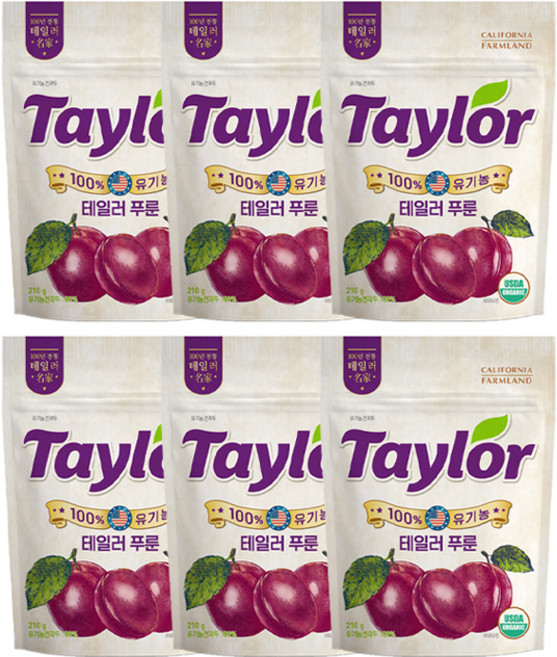 테일러 유기농 푸룬건자두, 210g, 6개