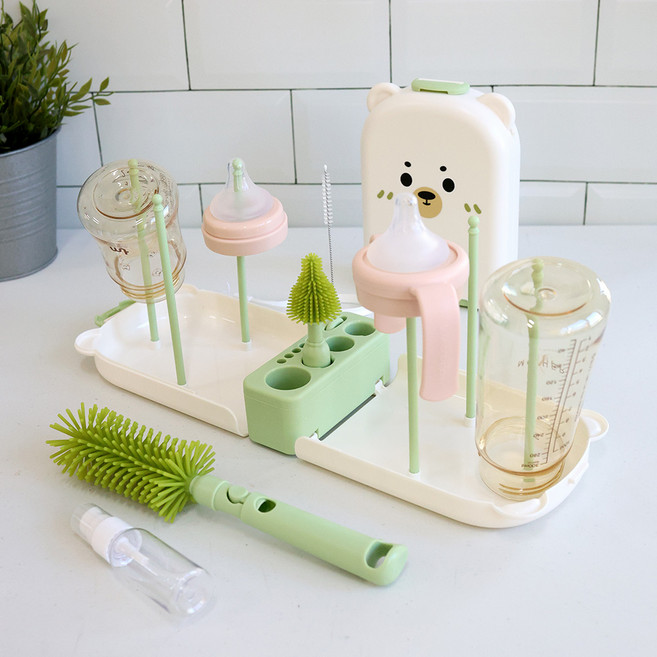 ON LIVING 嬰幼兒用便攜式奶瓶晾乾架 + 清潔刷組, 便攜盒+支架 6p+奶瓶清潔刷+奶嘴清潔刷+吸管刷+洗滌劑分裝空瓶, 綠色