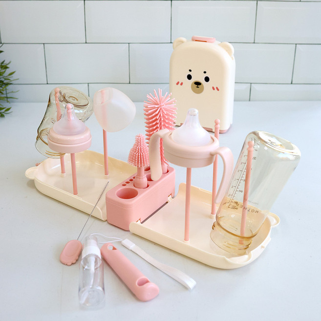 오엔리빙 유아용 휴대용 젖병 건조대 + 세척솔 세트, 휴대용케이스+거치대 6p+젖병세척솔+젖꽃지세척솔+빨대솔+세제보관용 공병, 베이비핑크