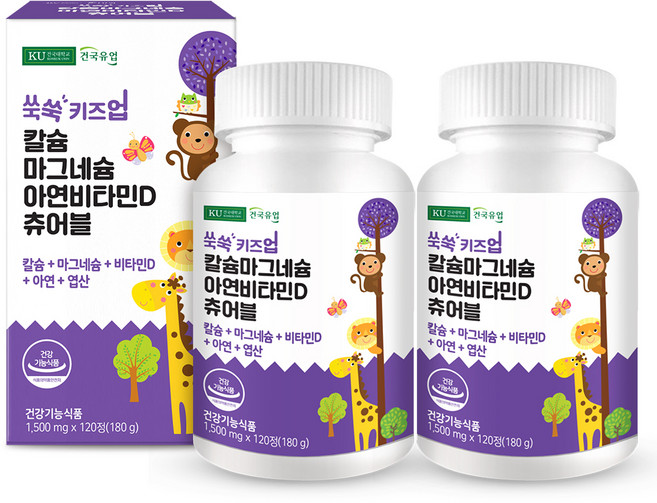 건국유업 쑥쑥 키즈업 칼슘 마그네슘 아연 비타민D 츄어블 180g, 120정, 2개