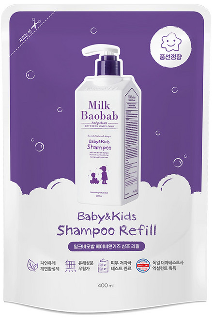 밀크바오밥 베이비 앤 키즈 샴푸 리필 풍선껌향, 400ml, 1개