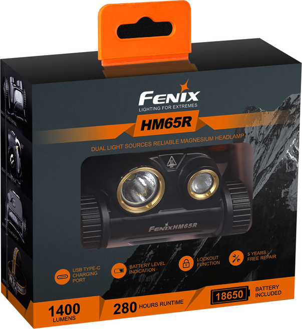 FENIX HM65R 雙光源三防鎂合金頭燈 1400流明 IP68防水等級 USB Type-C充電, 黑色 + 橘色, 1個