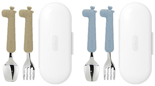에디슨 실리콘 스푼 포크 케이스 2종 세트 베이비, 기린베이지 + 기린블루, 스푼 + 포크 + 케이스, 1세트