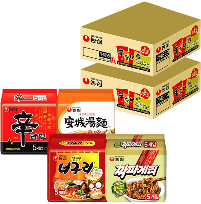 농심 신라면 5개 120g + 안성탕면 5개 125g + 얼큰 너구리 5개 120g + 짜파게티 5개 140g, 40개