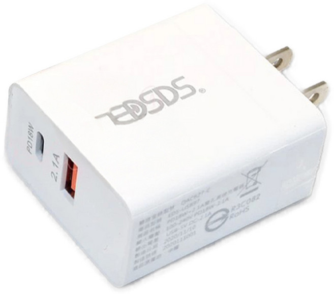 EDSDS PD18W + 2.1A 雙孔 快速 充電器 支援PD快充 AC國際電壓 白色