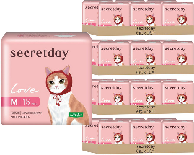 secretday 韓國原裝進口 Love系列 衛生棉 蝶翼型, M(24.5cm), 16片, 24包