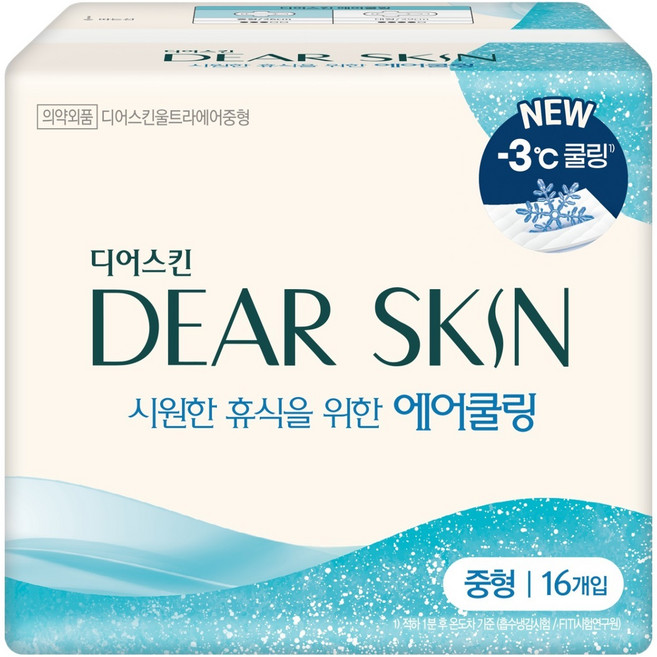 디어스킨 에어쿨링 생리대 날개형, 중형, 16개입, 1세트