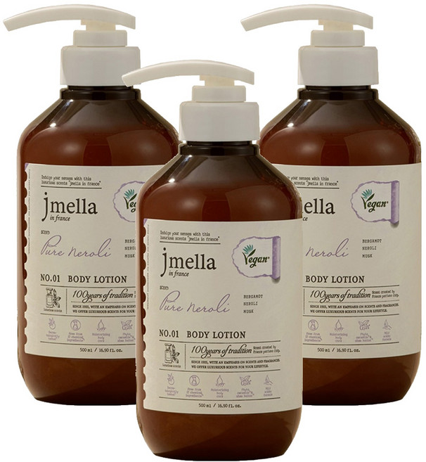 제이멜라 인 프랑스 퓨어 네롤리 비건 바디 로션 오렌지 네롤리향, 3개, 500ml