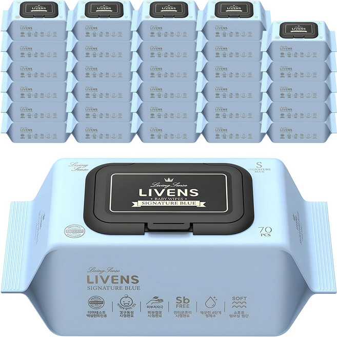 리벤스 유아용 시그니처 블루 도톰한 엠보싱 물티슈 캡형, 75g, 70매, 30개