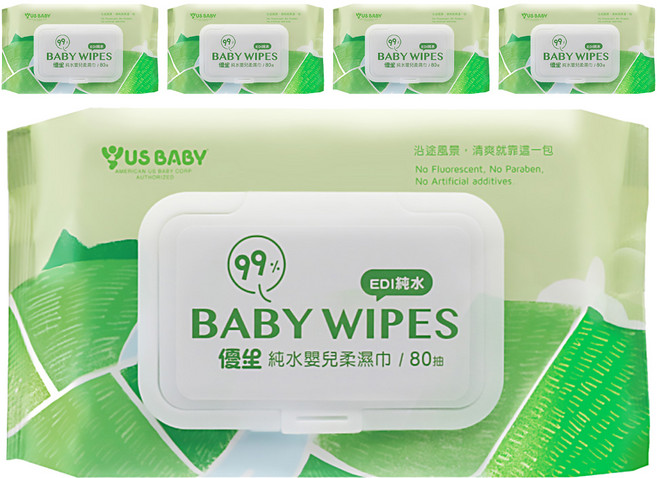 US baby 優生 純水嬰兒柔濕巾 清爽型, 80張, 5包