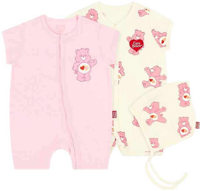케어베어 유아용 오가닉 바디수트 2종 + 모자 세트