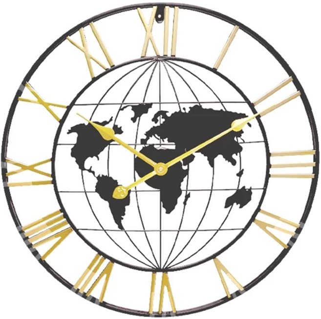 iINDOORS 英倫家居 簡約設計時鐘 羅馬黑色地圖, 黑色 + 金色
