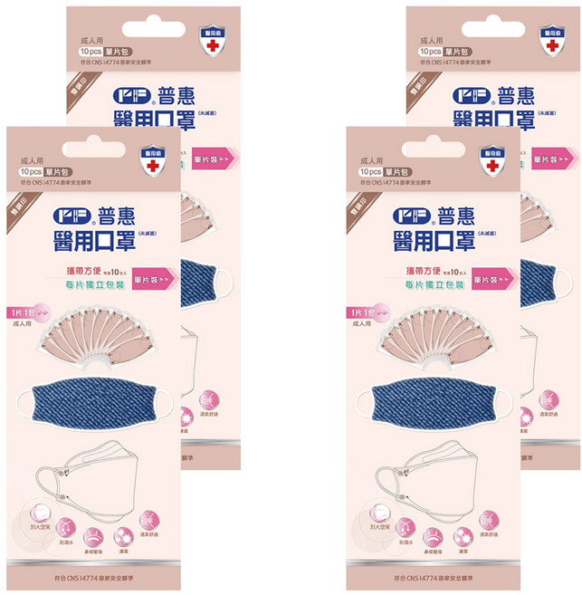 PERFECT 普惠醫工 韓版KF94 醫用口罩 成人款, 丹寧藍, 10片, 4盒