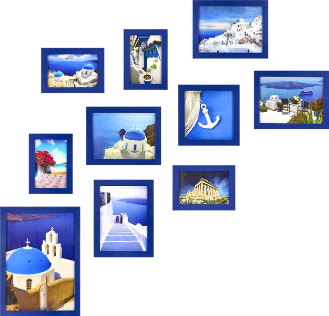 iINDOORS 英倫家居 北歐簡約相框牆10入組 附圖卡10張 + 黏土 + 無痕釘 + 背板掛勾 + 水平儀, 藍色, 10件