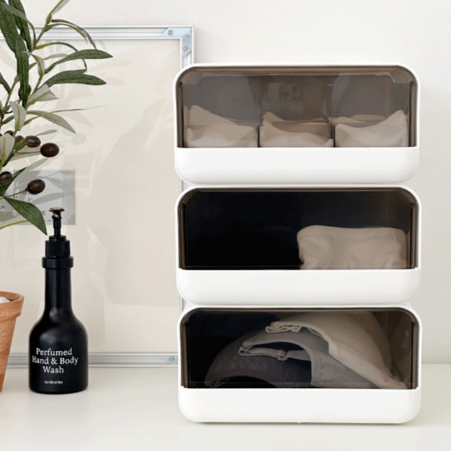 데미무드 이클립 적층식 칸칸이 서랍형 속옷정리함 10칸, 반투명 블랙, 3개