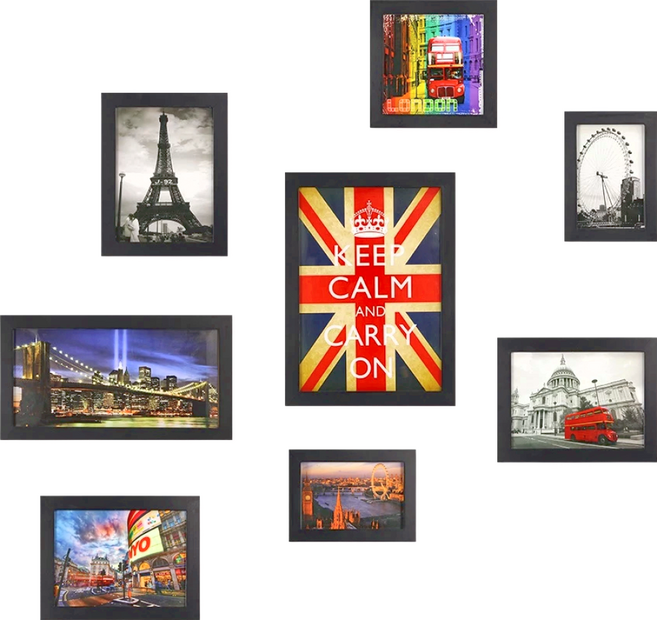 iINDOORS 英倫家居 北歐簡約實木相框牆8入組 附圖卡8張 + 黏土 + 無痕釘 + 背板掛勾 + 水平儀, 黑色, 8件