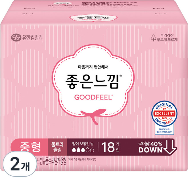 좋은느낌 뉴울트라 슬림 날개형 생리대, 중형, 18개입, 2개