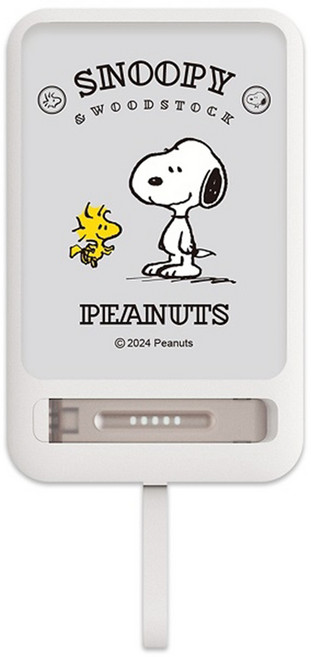 PEANUTS 史努比 板豆腐 自帶線磁吸無線充支架行動電源 12000series, PSN-139, 白色