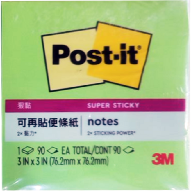 3M Post-it 利貼 狠黏便條紙 633S-6 3*3吋, 綠色, 90張, 1本