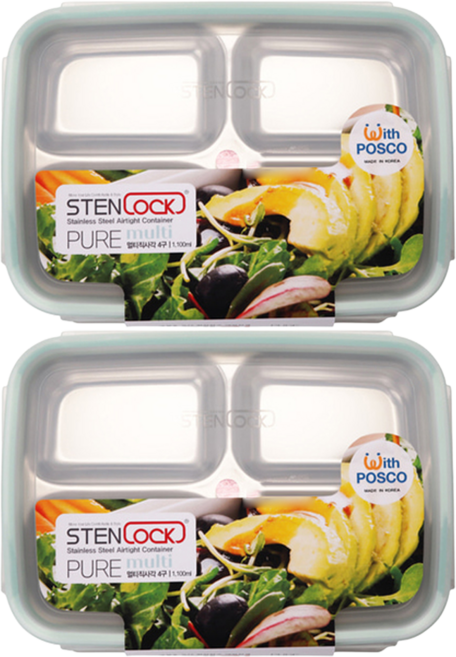 스텐락 퓨어 멀티 4구 밀폐용기 직사각 4호, 2개, 1.1L