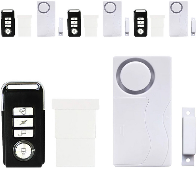 e-kit 逸奇 門磁門窗防盜警報器 緊急警報器/迎賓門鈴 + 4對1遙控器 警報器 85 × 42 × 15mm 遙控器 60 x 30 x 13mm 門磁 45 x 10 x 13mm 160g 4盒 ES-33G, 1組