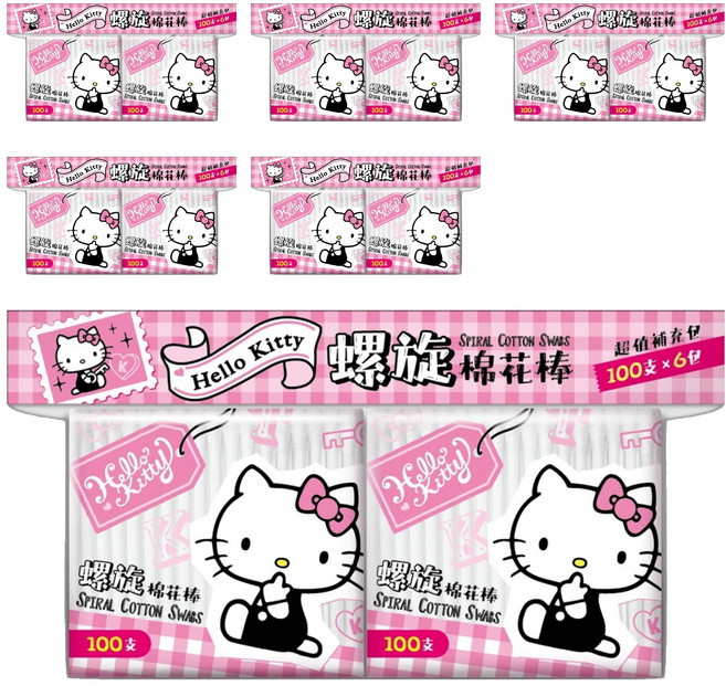 Hello Kitty 凱蒂貓 螺旋塑軸棉花棒 塑軸 純棉雙頭, 100支, 36袋