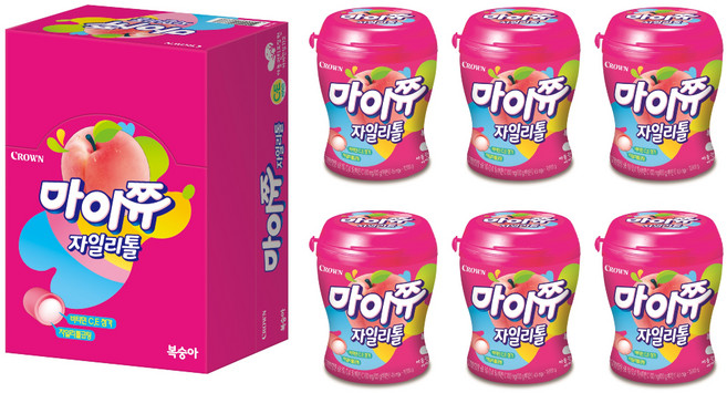 마이쮸 크라운 자일리톨 복숭아 용기, 110g, 6개