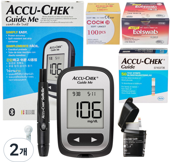 아큐첵 로슈 가이드 미 혈당측정기 채혈기 검사지 50p 채혈침 100p 알콜솜 100p, 2개, Accu-Chek Guide Me Kit