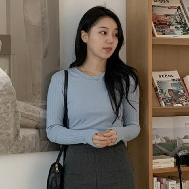 슈가펀 여성용 플릿 골지 파스텔 라운드 티셔츠