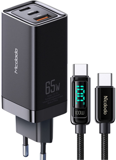 맥도도 GaN PD3.0 PPS 65W 초고속 미니 3포트 멀티충전기 + 디스플레이 C타입 to C타입 PD 고속충전 케이블, 블랙, 1세트